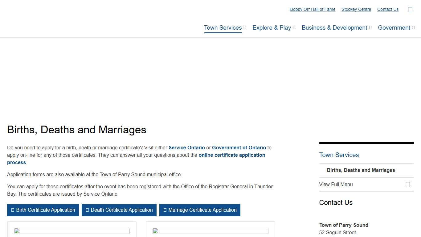 Births, Deaths and Marriages Town of Parry Sound